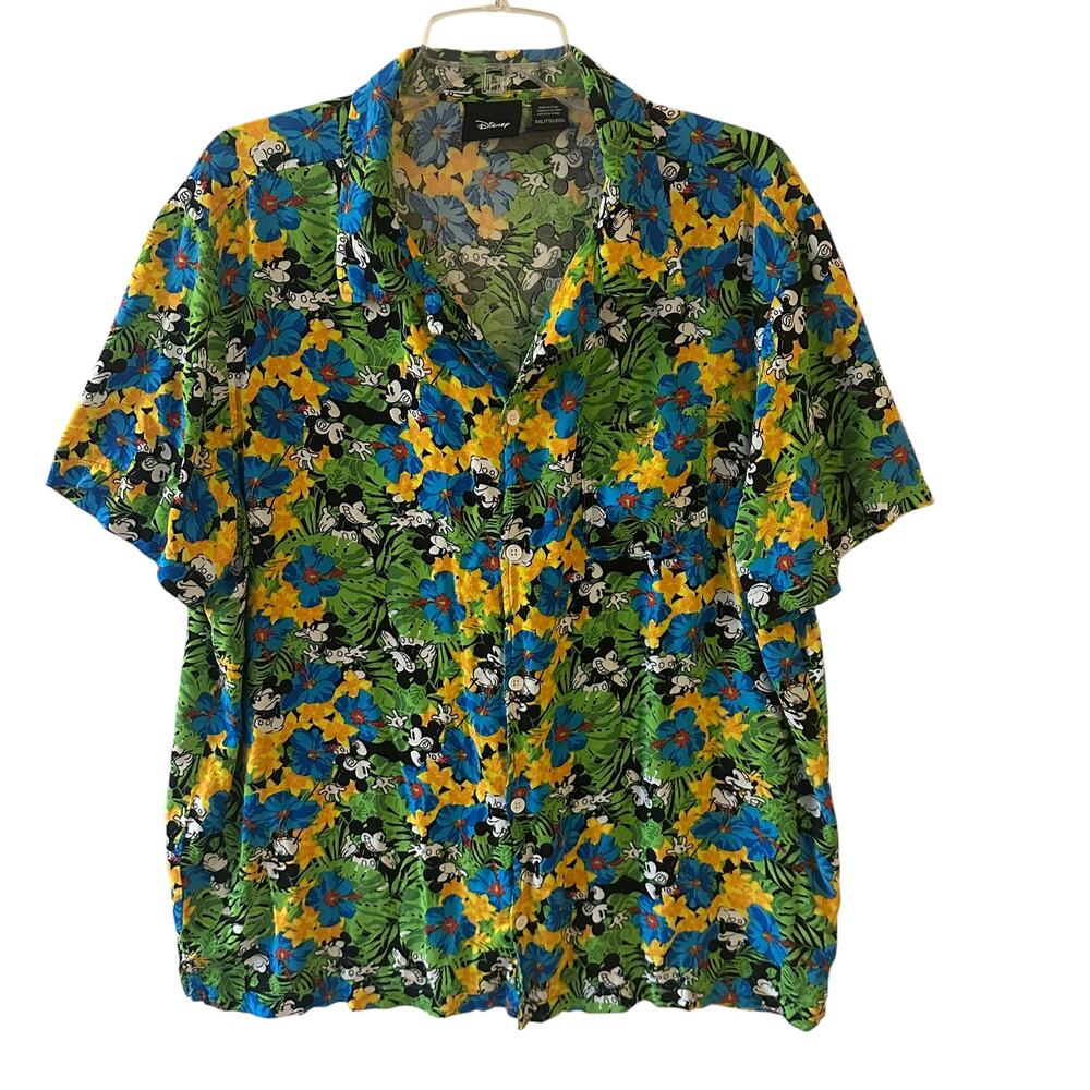 Disney Tropical Mickey Button Shirt Mens Size XXL Green Yellow Floral Hawaiian - Picture 2 of 10